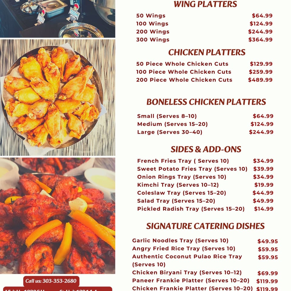 A platter of golden-brown fried chicken wings and another of red spicy chicken with lemon and carrots.