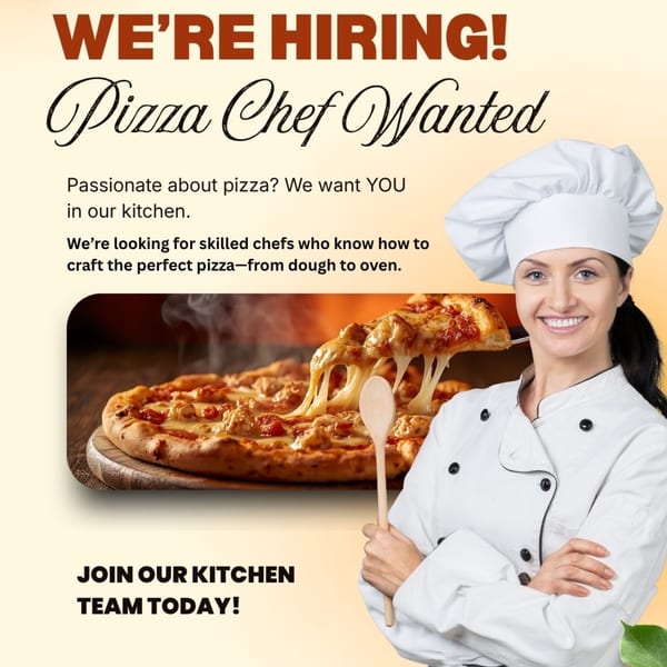 A smiling female chef in uniform with a pizza slice being lifted, showing melted cheese.