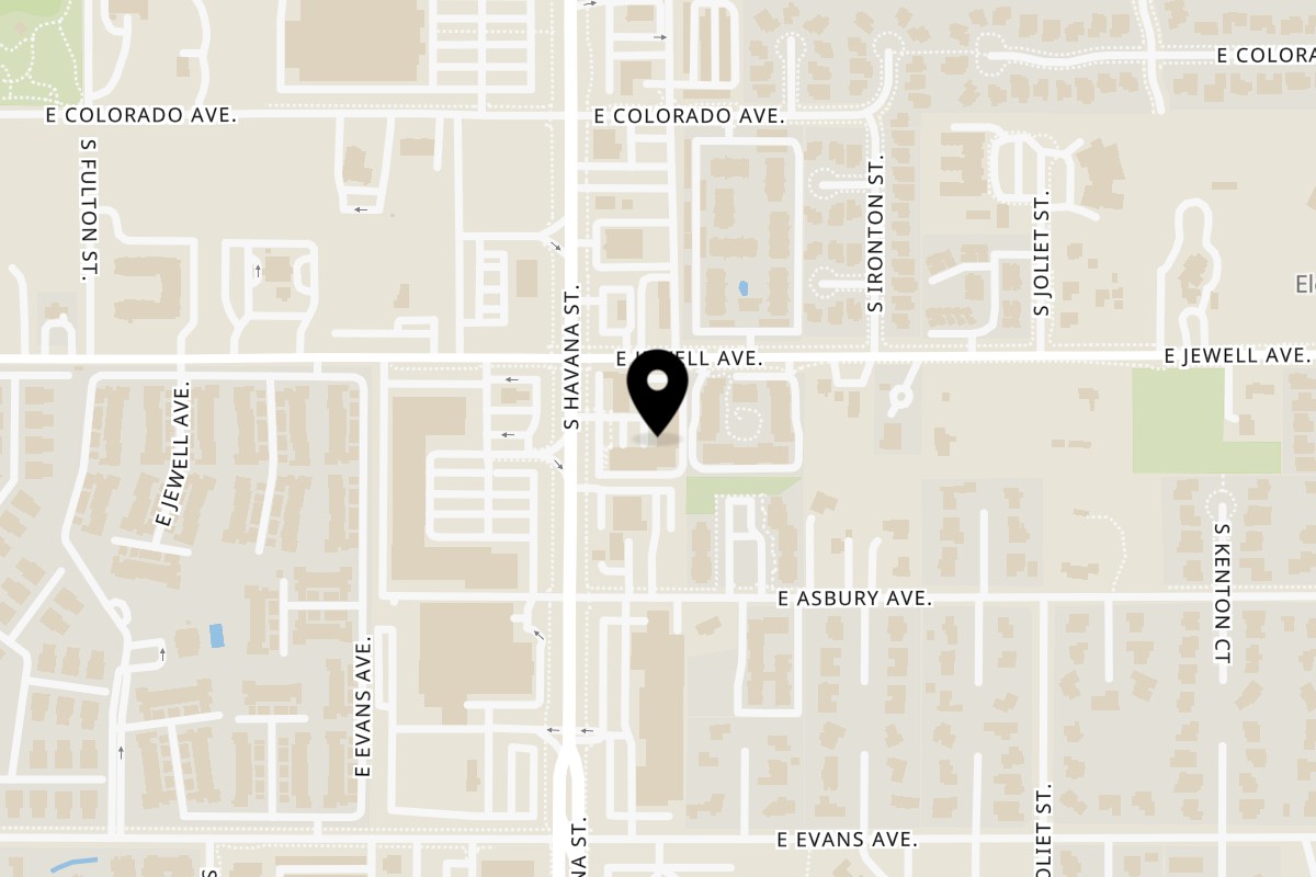 Map showing the location of Angry Chicken on 1930 S Havana St #13-14 in Aurora